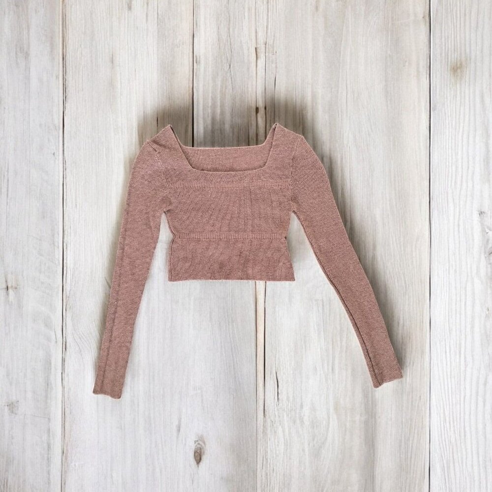 Brown Square Neck Ribbed Knit Long Sleeved Crop Top XS